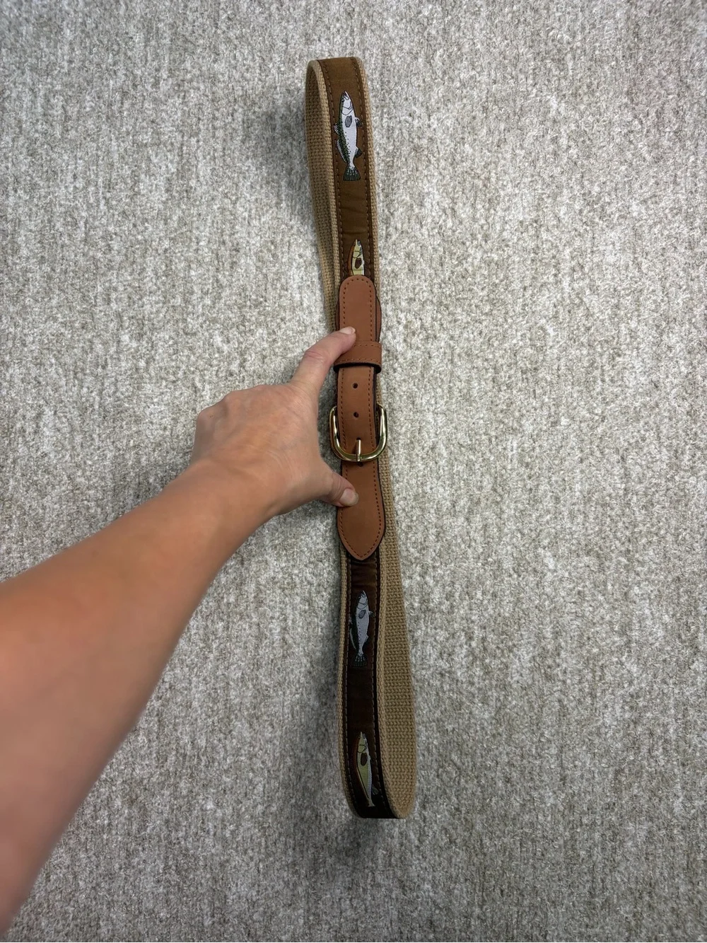 Vintage 90’s Made in USA Men’s Brown Fish-Print Canvas and Leather Belt